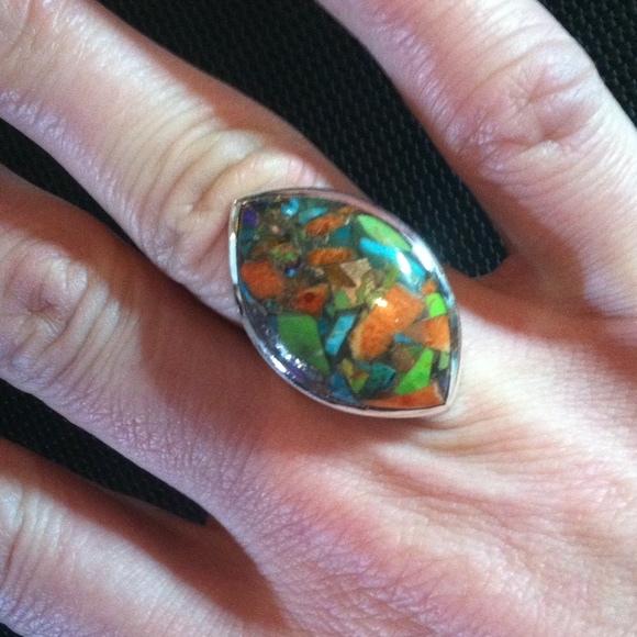 Coral Turquoise Mix Ring set in .925 Sterling - Picture 3 of 3